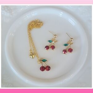 Red Cherry Gem Pendant Necklace & Earrings
